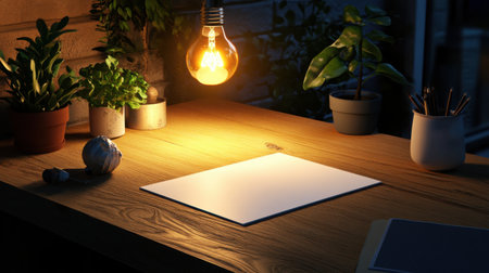 A cozy night-time workspace featuring a warm light bulb, plants, and blank paper on a wooden desk, creating a serene and inspiring atmosphere for creativity.の素材