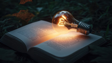 A captivating scene featuring an open book with a glowing light bulb on its pages, symbolizing creativity and knowledge in a serene natural setting.の素材
