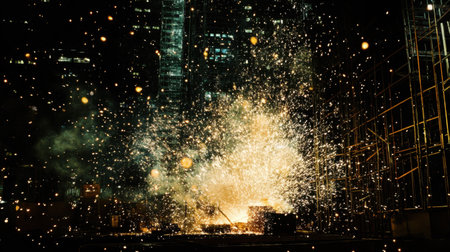 A stunning fireworks display lights up an urban skyline at night, creating a visually captivating spectacle with sparks and bright flashes bursting in the air.の素材