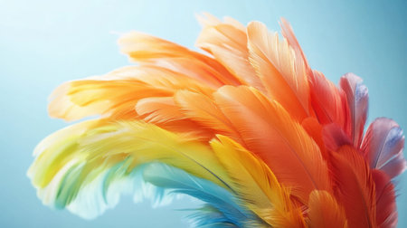 A stunning display of vibrant feathers showcasing a beautiful blend of rainbow colors against a soft blue background, perfect for creative projects.の素材