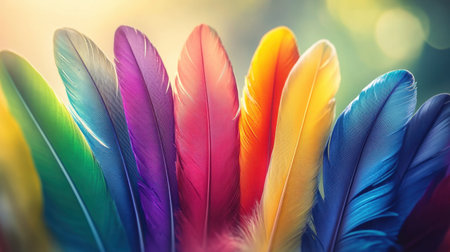 This stunning image showcases a collection of vibrant and colorful feathers arranged harmoniously, perfect for art and design projects. The soft textures and brilliant hues create an eye-catching visual experience that embodies creativity and inspiration.の素材