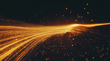 This captivating abstract image features a smooth flow of golden light interspersed with sparkling particles, creating an enchanting visual against a dark background.の素材