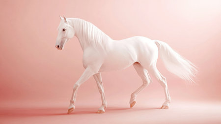 A magnificent white horse showcases its elegance and beauty against a soft pink background, creating a serene and striking visual perfect for artistic projects.の素材