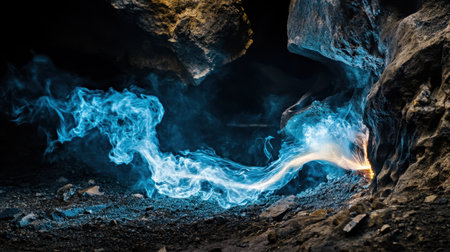 Mesmerizing blue smoke flows through a dark cave, creating an enchanting light effect against rough rocks, evoking a sense of mystery and intrigue.の素材