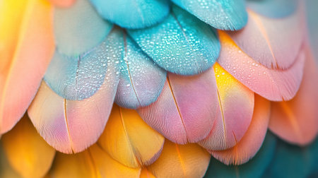 A captivating close-up of vibrant feathers adorned with delicate dew drops. This macro photography showcases the stunning colors and textures found in nature.の素材