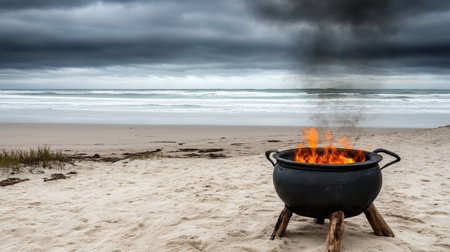 A striking beach scene featuring a black cauldron with flames and smoke against a dark, stormy sky. This image captures elements of nature, adventure, and intrigue.の素材