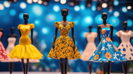 A captivating display of colorful fashion dolls on a runway showcases vibrant designs illuminated by bright lights, perfect for fashion enthusiasts and collectors.の素材