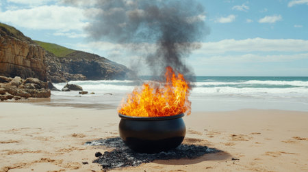 This striking image captures a black cauldron engulfed in vibrant flames and smoke on a picturesque beach, surrounded by ocean waves and rocky cliffs.の素材