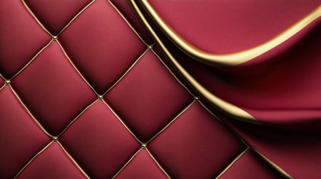 This image features a luxurious red fabric adorned with gold accents, showcasing an elegant quilted design that adds sophistication and style. Perfect for various textile and decorative applications.の素材