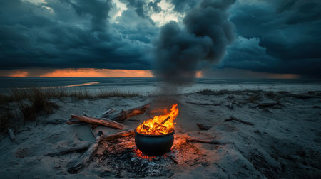 A captivating view of a campfire on the beach, surrounded by smoke and dramatic clouds, capturing the essence of adventure and serenity at sunset.の素材