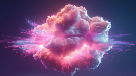 This stunning image depicts a colorful cloud burst with vibrant lights, creating a captivating scene of dynamic energy against a cosmic background.の素材