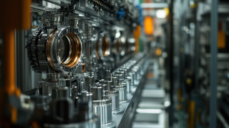Intricate close-up view of industrial machinery components within a modern manufacturing facility, showcasing advanced mechanical designs and precision engineering.の素材