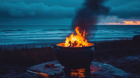 A captivating scene featuring a cozy campfire by the ocean at dusk. The flames illuminate the surrounding area while dark clouds enhance the atmosphere.の素材