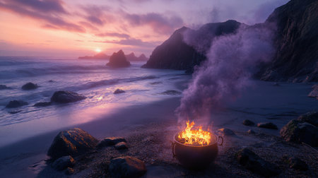 A serene beach scene featuring a vibrant campfire sending up smoke against a stunning sunset backdrop. Gentle waves lap at the shore, creating a tranquil atmosphere perfect for relaxation and reflection.の素材