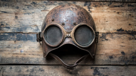 This image showcases a vintage aviator helmet paired with retro goggles resting on rustic wood. It symbolizes adventure, history, and craftsmanship in aviation.の素材