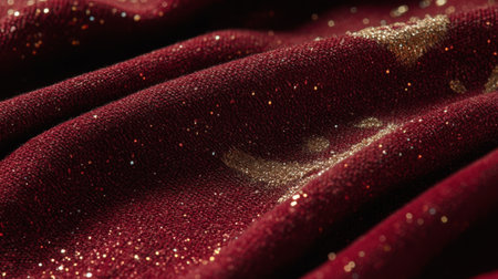 A close-up view of rich burgundy fabric adorned with sparkling glitter, capturing elegance and luxury for fashion design or decorative use.の素材