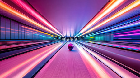 An energetic and colorful bowling alley scene showcasing a vibrant atmosphere with neon lights creating dynamic reflections along the lanes.の素材
