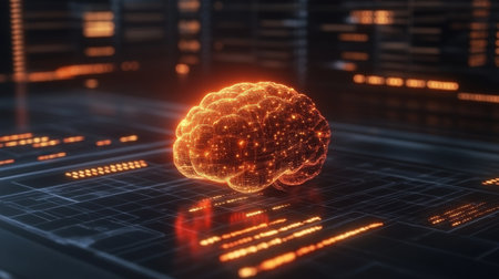 This image showcases a glowing brain in a digital environment, symbolizing the fusion of neuroscience and technology, epitomizing innovation in artificial intelligence.の素材
