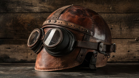 This image features a vintage leather aviator helmet paired with goggles, set against a rustic wooden background, illustrating the rich history of aviation.の素材