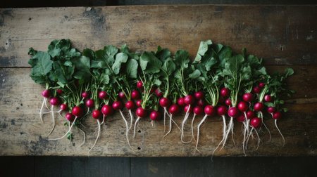 Fresh organic radishes with vibrant green leaves arranged on a rustic wooden table, perfect depiction of healthy eating and natural food inspiration.の素材