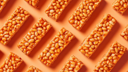 A vibrant collection of crunchy rice cakes with peanuts, beautifully arranged in a geometric pattern against a soft orange background, ideal for food photography.の素材