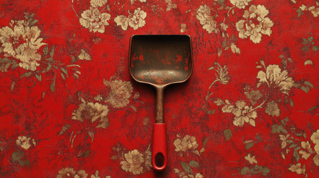 A vintage metal dustpan sits elegantly against a striking red floral background, showcasing a blend of rustic charm and artistic design elements. Perfect for diverse themes.の素材