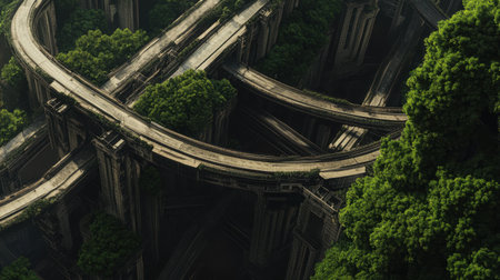 This image captures a stunning futuristic overpass intertwined with lush greenery, creating a striking contrast in a dystopian setting.の素材