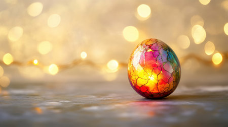 A stunning colorful decorative egg captured in close-up, set against a soft background of warm bokeh lights, perfect for festive themes and celebrations.の素材