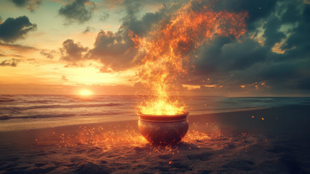A captivating scene of a fire pot igniting flames on a beach at sunset, with colorful clouds creating a mystical ambiance and ocean waves gently lapping.の素材