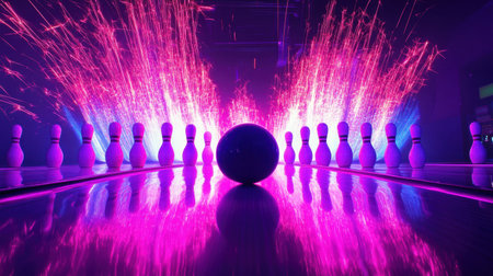 A captivating bowling scene featuring a striking combination of neon lights, vibrant sparks, and reflections on the lane, creating a lively atmosphere.の素材