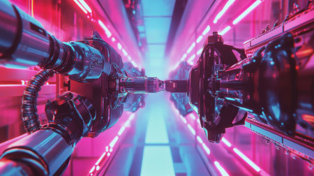 A striking visual of futuristic industrial machinery featuring neon lights, set in a high-tech environment. Perfect for technology and innovation themes.の素材