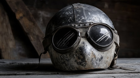 This captivating image features a vintage pilot helmet paired with weathered goggles, resting on a wooden surface. The nostalgic atmosphere and intricate details evoke a sense of adventure and history in aviation.の素材