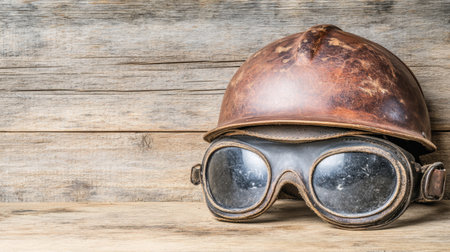 This vintage leather helmet and goggles create a nostalgic ambiance against a rustic wooden background, evoking adventure and exploration.の素材