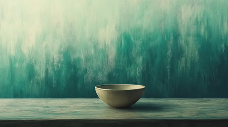 A simple ceramic bowl rests on a rustic table, surrounded by a soothing textured teal background, perfect for showcasing minimalism and tranquility.の素材
