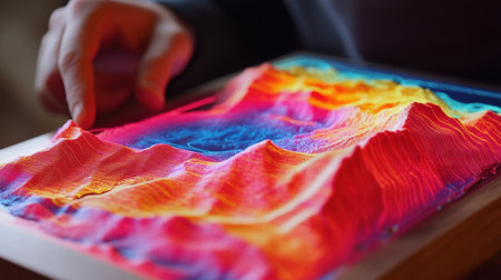 A vibrant topographic model displays colorful elevations created from textured materials. A hand interacts with the vivid landscape, highlighting creativity and innovation.の素材