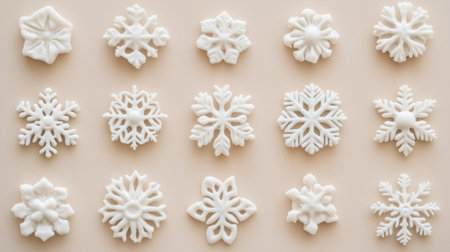 A beautiful assortment of decorative white snowflakes arranged on a neutral background, perfect for winter-themed crafts and festive decorations.の素材