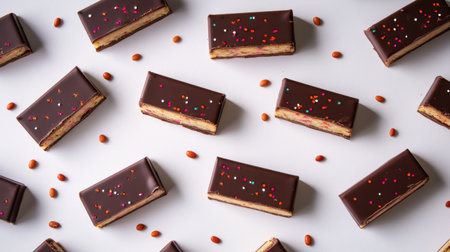 A stunning arrangement of chocolate bars topped with colorful sprinkles and scattered peanuts, perfect for desserts or sweet treats at any occasion.の素材