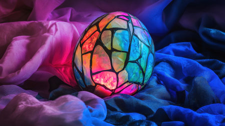 A beautifully crafted stained glass egg glows in an array of vibrant colors, surrounded by soft, flowing fabrics, creating a whimsical and festive atmosphere.の素材