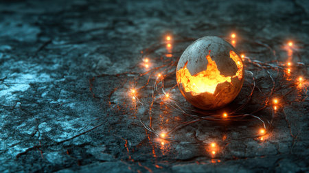 A striking image of a cracked egg revealing a fiery interior, surrounded by glowing lights on a textured surface, creating a mystical and enchanting atmosphere.の素材