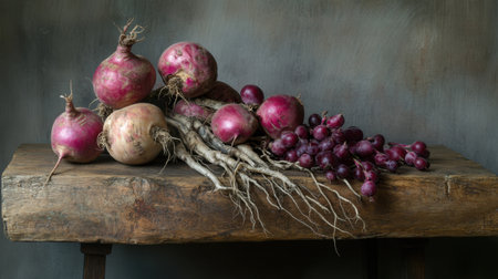 This still life composition features fresh organic turnips and radishes arranged on a rustic wooden table. The earthy background highlights the natural beauty and vibrant colors of the vegetables, ideal for promoting healthy eating and farm-to-table concepts.の素材