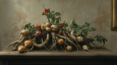 A beautiful arrangement of various root vegetables displayed on a rustic wooden table, showcasing their unique textures and vibrant colors against a neutral background, perfect for a culinary or agricultural theme.の素材