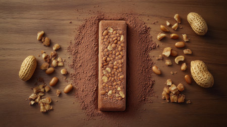 A visually appealing brown chocolate bar decorated with chopped nuts and cocoa powder, set against a wooden background, perfect for food lovers.の素材