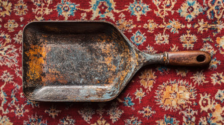 A rustic dustpan rests on a vintage textile background showcasing rich colors and intricate patterns, emphasizing the beauty of worn household tools.の素材