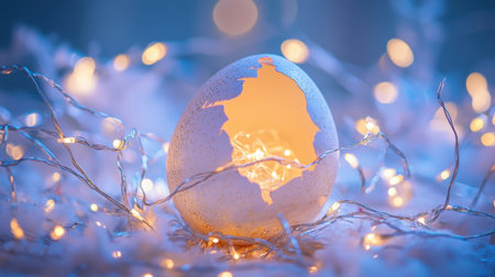 An enchanting egg shell glowing softly with lights creates a cozy atmosphere. Ideal for seasonal celebrations, decorations, and artistic designs.の素材