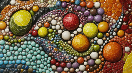 This vibrant abstract artwork features colorful round shapes and intricate textures, reminiscent of galaxies and cosmic elements, creating a captivating visual experience.の素材