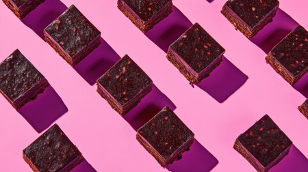 A stunning arrangement of chocolate brownie cubes showcases a mouthwatering dessert against a vibrant pink background, perfect for enticing food enthusiasts.の素材