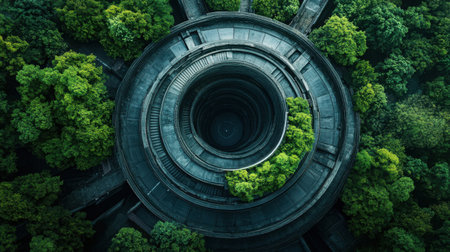 An aerial view showcasing a stunning circular structure enveloped by vibrant green trees, blending architecture with nature's beauty in a serene forest setting.の素材