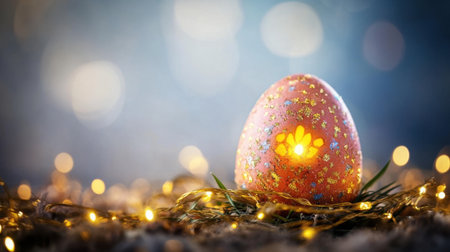 A stunning decorative egg adorned with glitter sits on grass, illuminated by soft warm lights, creating a cozy and festive atmosphere for spring celebrations.の素材