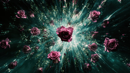 Explore a captivating scene featuring a dynamic burst of purple roses set against a mesmerizing cosmic background filled with vibrant colors and light effects.の素材