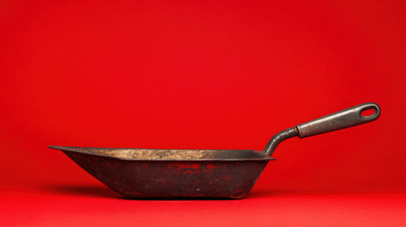 A unique vintage iron spatula showcased against a striking red background, ideal for cooking themes, artistic projects, or culinary inspirations.の素材